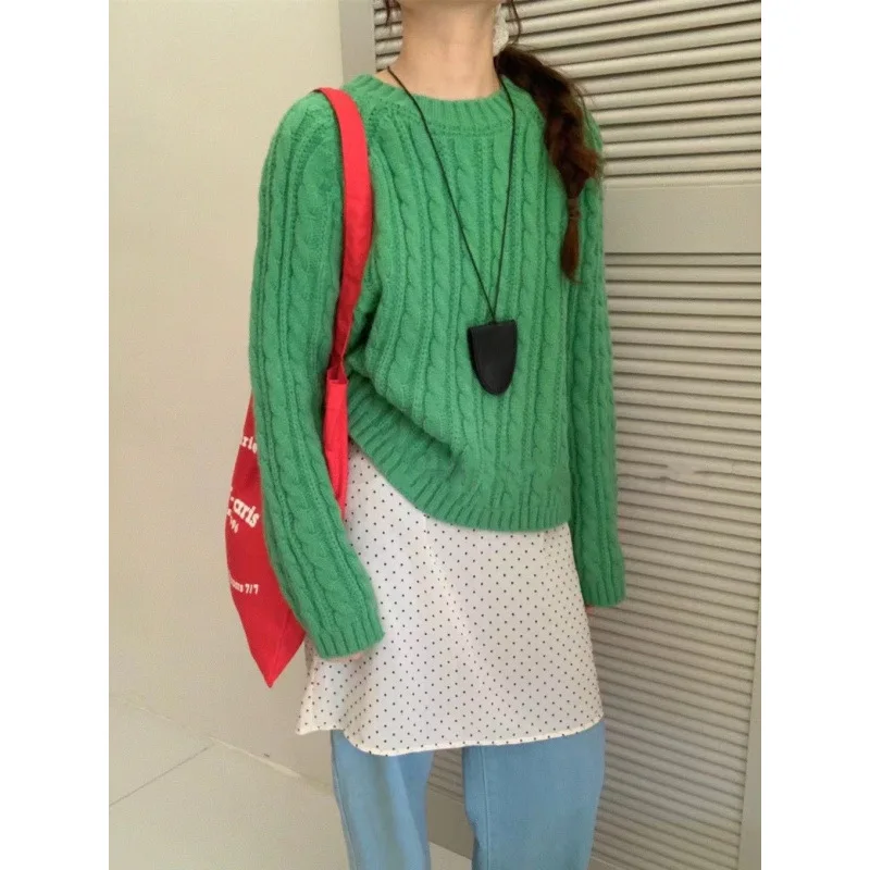 2025 Winter Fashion New Women's Elegant Knitted Round Neck Fried Dough Twists Wool Pullover Loose Warm Thickened Sweater Jumper