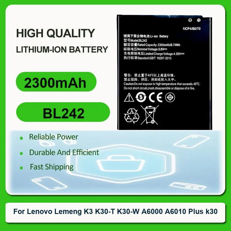 

Replacement Mobile Phone Battery For Lenovo A6000 A6010 Plus K3 k30 Lemeng K3 K30-T K30-W BL242 2300mAh