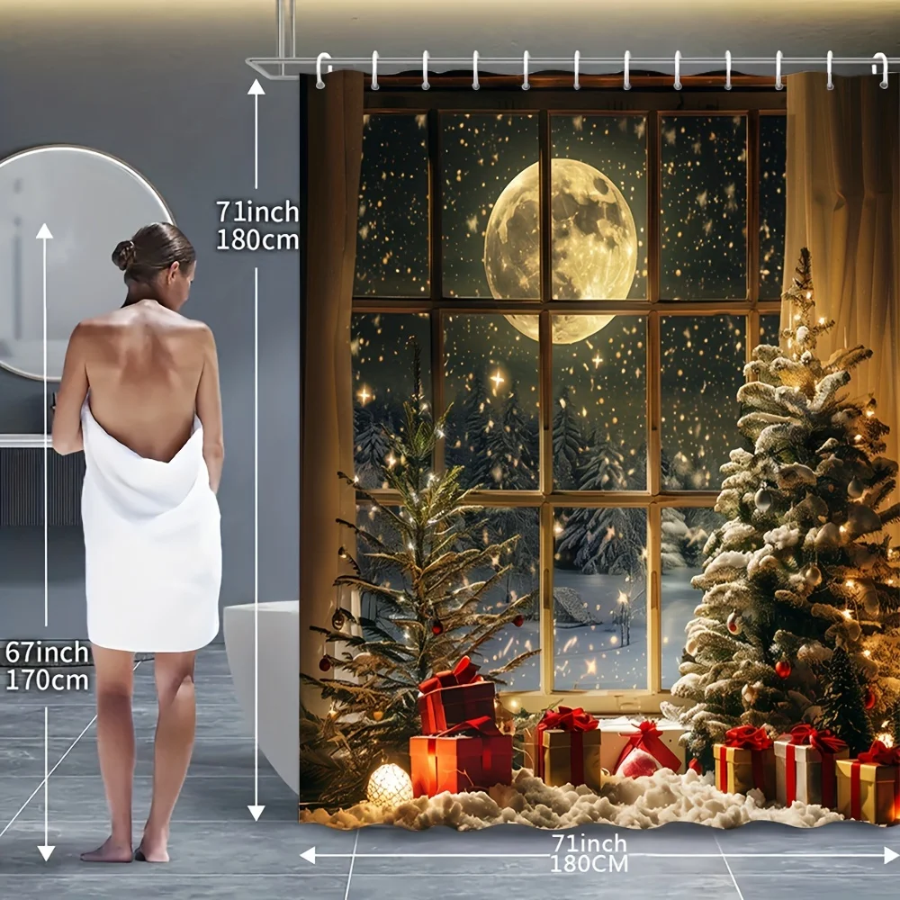 4Pcs Xmas Tree Window Print Bath Set, Non-Slip Mat, Toilet Cover, Bath Rug, 12 Hooks, Bathroom Accessories, Home Decor