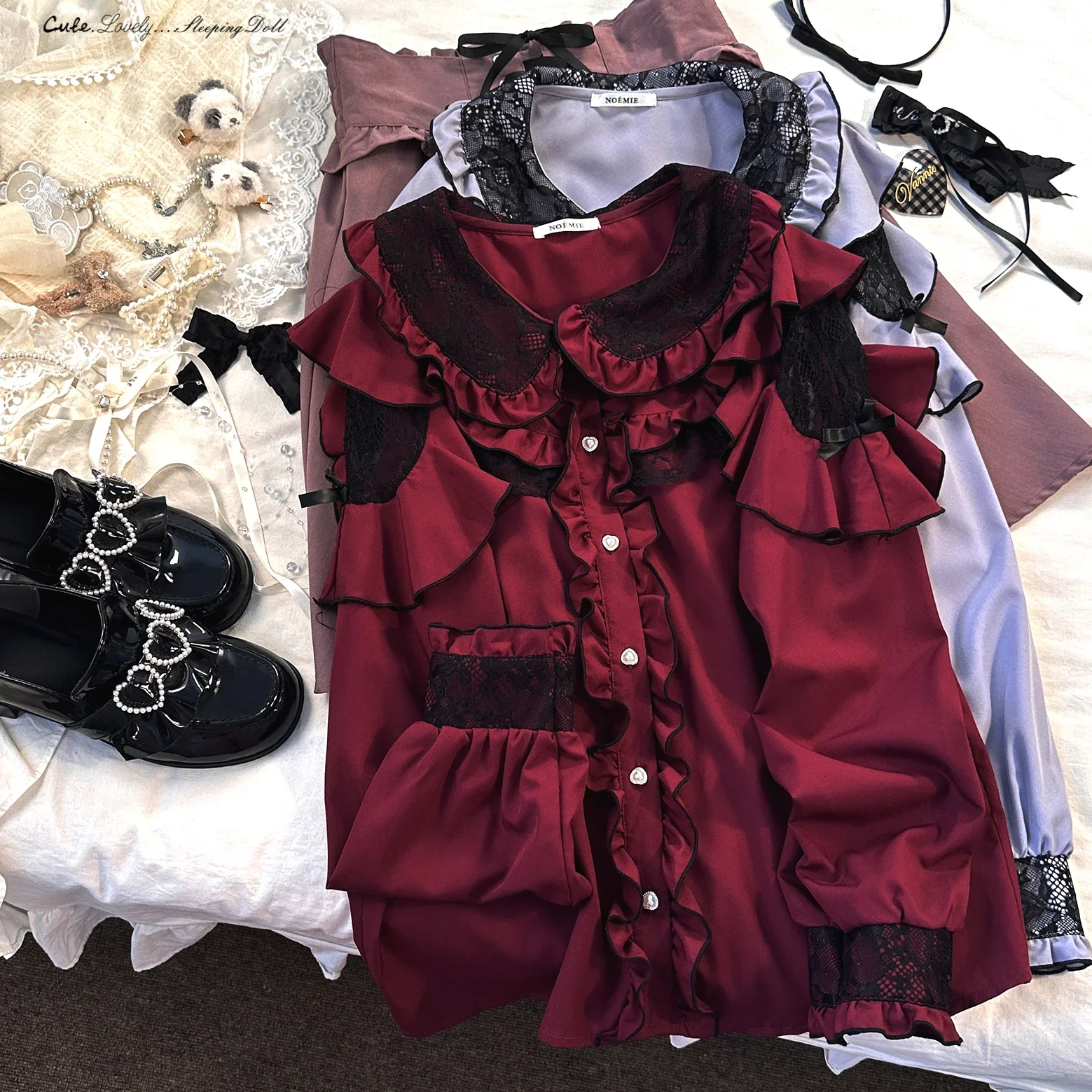 Camisa de manga comprida feminina, blusa doce Lolita, tops, renda folha de lótus, cor de contraste, estilo japonês