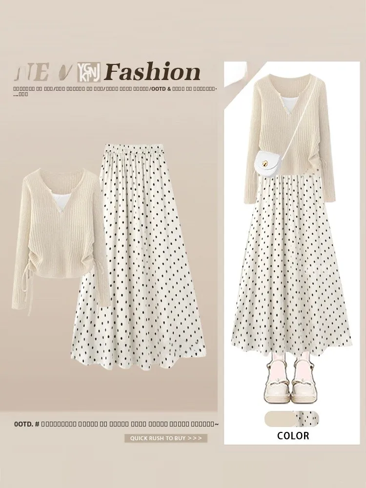 

Elegant V-Neck Knitwear And Gored Skirt Set Women's Fashion Autumn Outfit Soft Style Polka Dot Half-length Skirt Ensemble