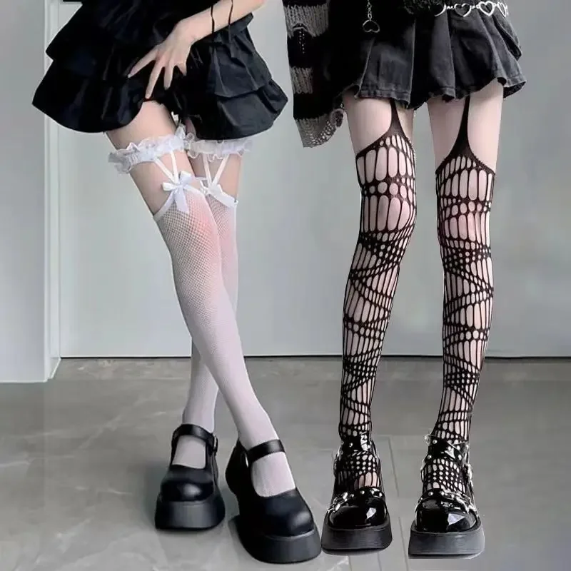 Damskie skarpetki wiosenno-letnie Lolita, długie skarpetki, cienkie skarpetki JK Girl Lolita, pończochy kabaretki, skarpetki z koronkowymi podwiązkami, modne.