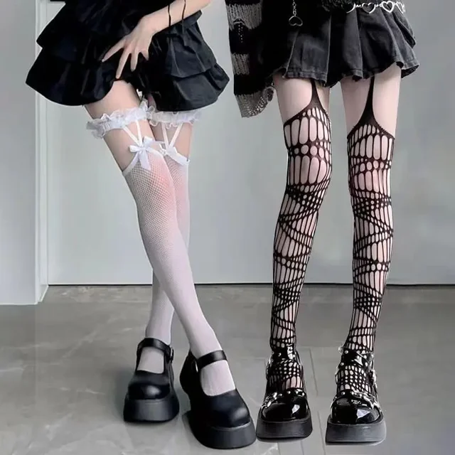 Damskie skarpetki wiosenno-letnie Lolita, długie skarpetki, cienkie skarpetki JK Girl Lolita, pończochy kabaretki, skarpetki z koronkowymi podwiązkami, modne.