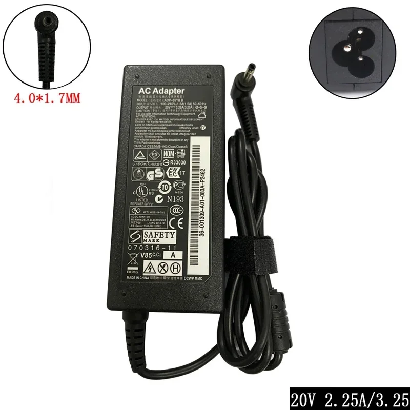 Adaptador de alimentação portátil, 20v, 2.25a/3.25, 4.0x1.7mm, para lenovo 100-151by-80mj, novo