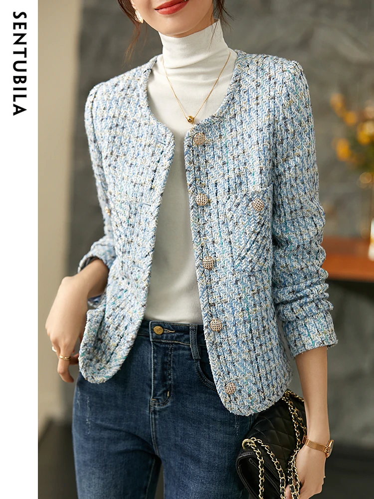 

SENTUBILA Cropped Tweed Jacket for Women 2024 Autumn Elegant Fashion Outerwear O-Neck Short Coats Womans Clothing 143W56772X