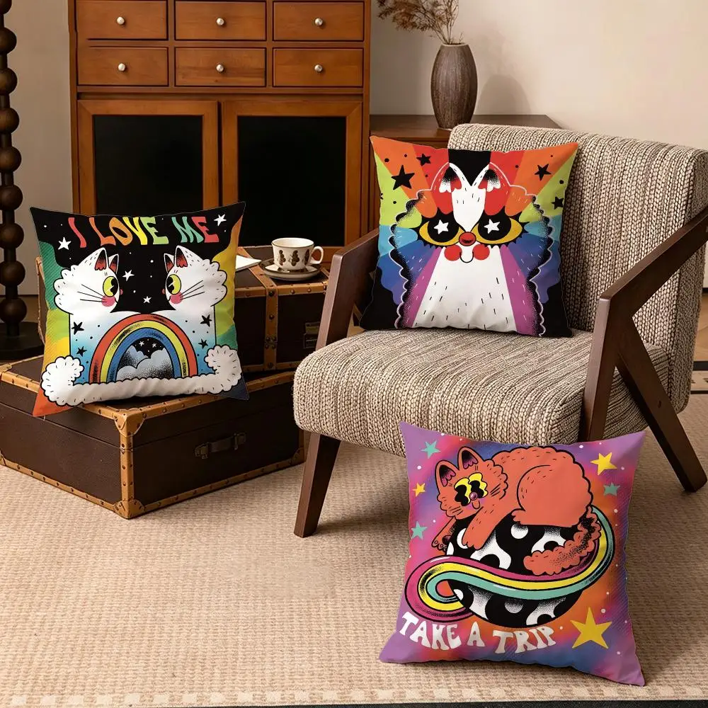 Art-Psychedelic Rainbow CatS Cushion Cover Soft Velvet Cushion Cover Set 4Pcs 50x50 45x45 Zipper Pillowcase for Home Decor