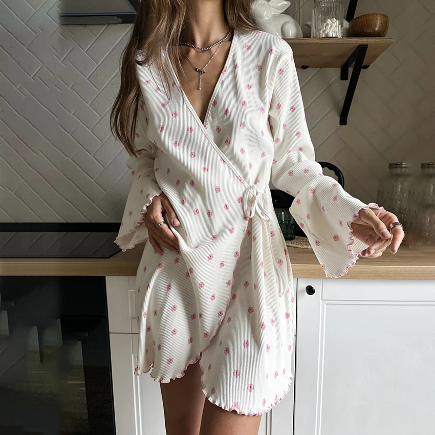 

HiLoc Casual V Neck Print Wrap Robe For Woman Autumn Home Long Sleeve Nightdress Women 2025 Sexy Loose Ruffles Dresses Ladies