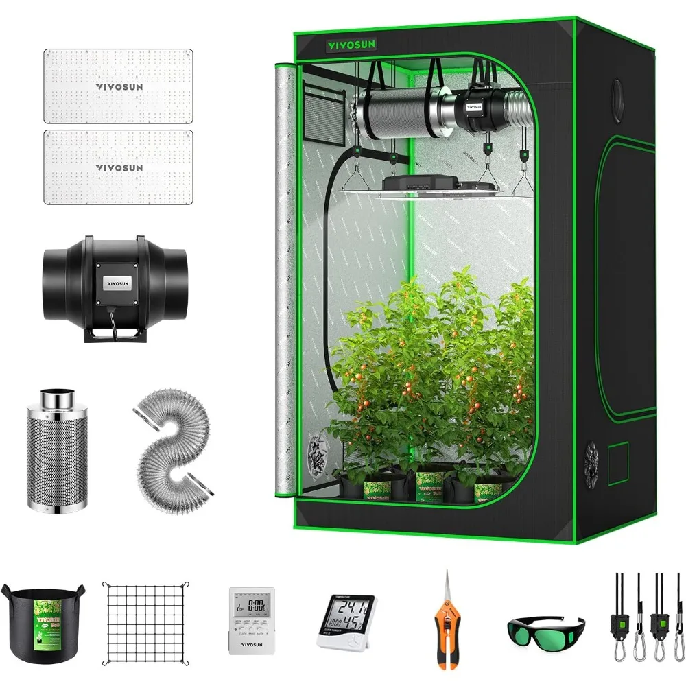 Complete System of Planting Tent with Inline Fan Pack, LED Growth Light, Temperature and Humidity Monitor,  4x4-foot