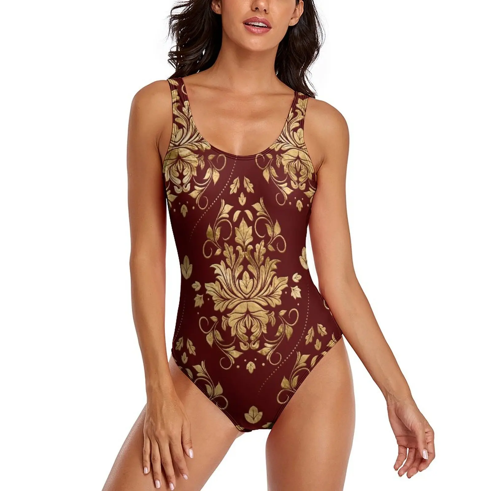 Gold Baroque Swimsuit Sexy Oriental Vintage Damask Women Swimwear One Piece Retro Swimsuits Fitness Push Up Cut Out Monokini