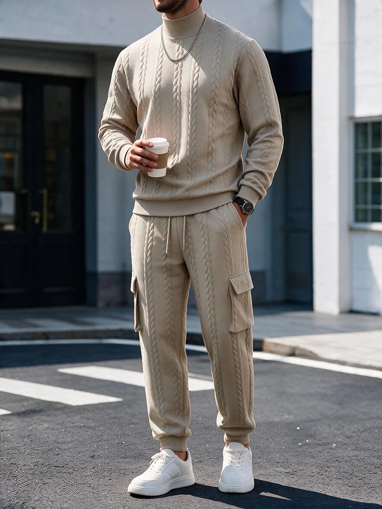 Daily Casual Stand Collar Outfits Mens Autumn Texture Two Piece Suits Men Trendy Solid Color Loose Long Sleeve And Pants Sets