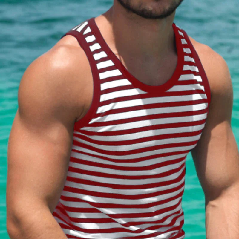 New Summer Men\'s Casual Blue and White Striped Thin Sleeveless Sports Vest Trendy Brand Versatile Repair Very Base Shirt