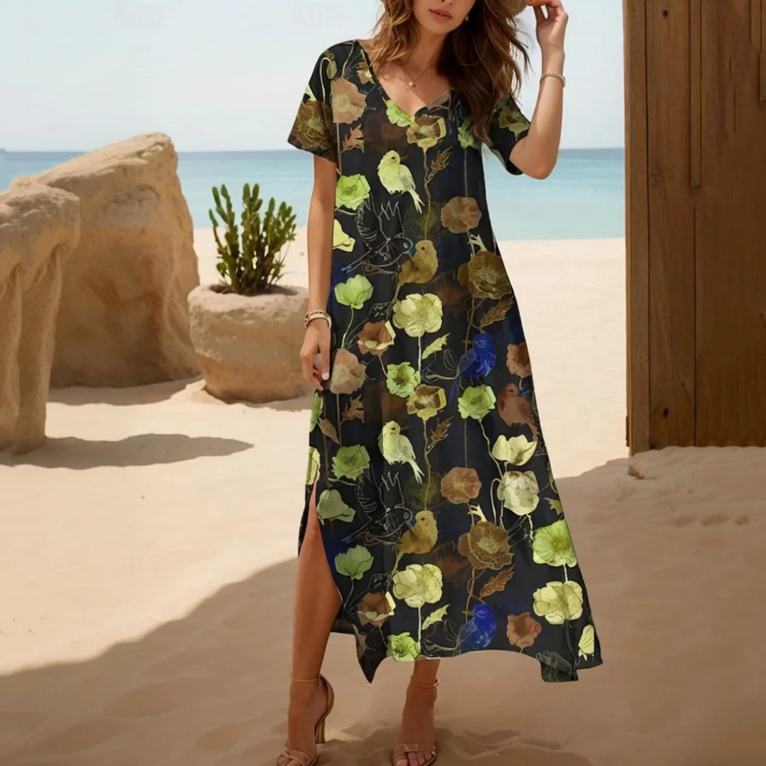 2024 ฤดูใบไม้ผลิฤดูร้อนผู้หญิงชุดยาวชุดลําลองแฟชั่นสไตล์วันหยุด Beachwear ดอกไม้ฮาวายเสื้อผ้าสตรี