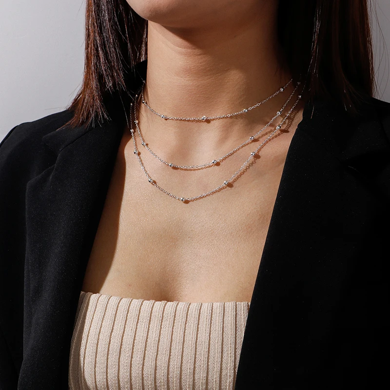 Aihua Mehrschichtige silberfarbene Perlenkette für Damen, einfache dünne Kette, Choker, trendiger Modeschmuck, Halskette – Detail 4