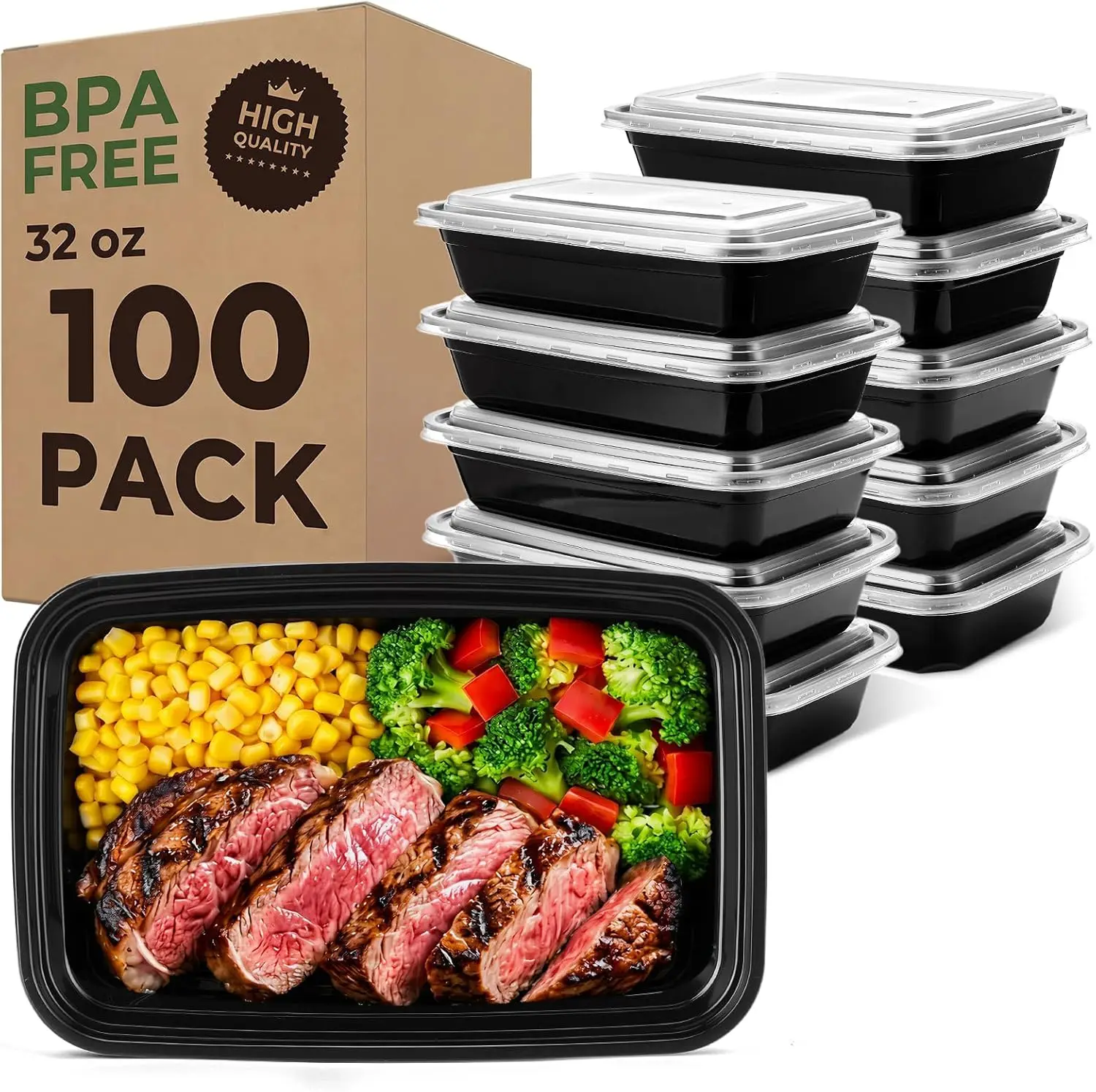 

32oz Meal Prep Containers 100 Pack with Lids, Reusable Bento Boxes, Microwave/Freezer/Dishwasher Safe, BPA-Free