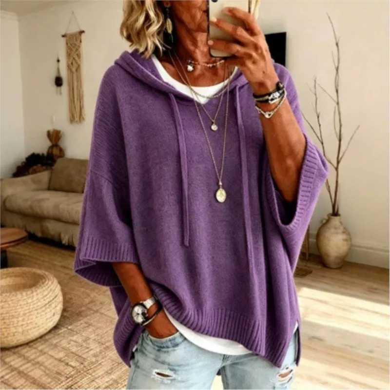 Women's Autumn Winter Knitted Sweater Hoodie Drawstring Long Sleeve Sweatshirt Loose Pullover Tops Elegant Casual Daily Blouse
