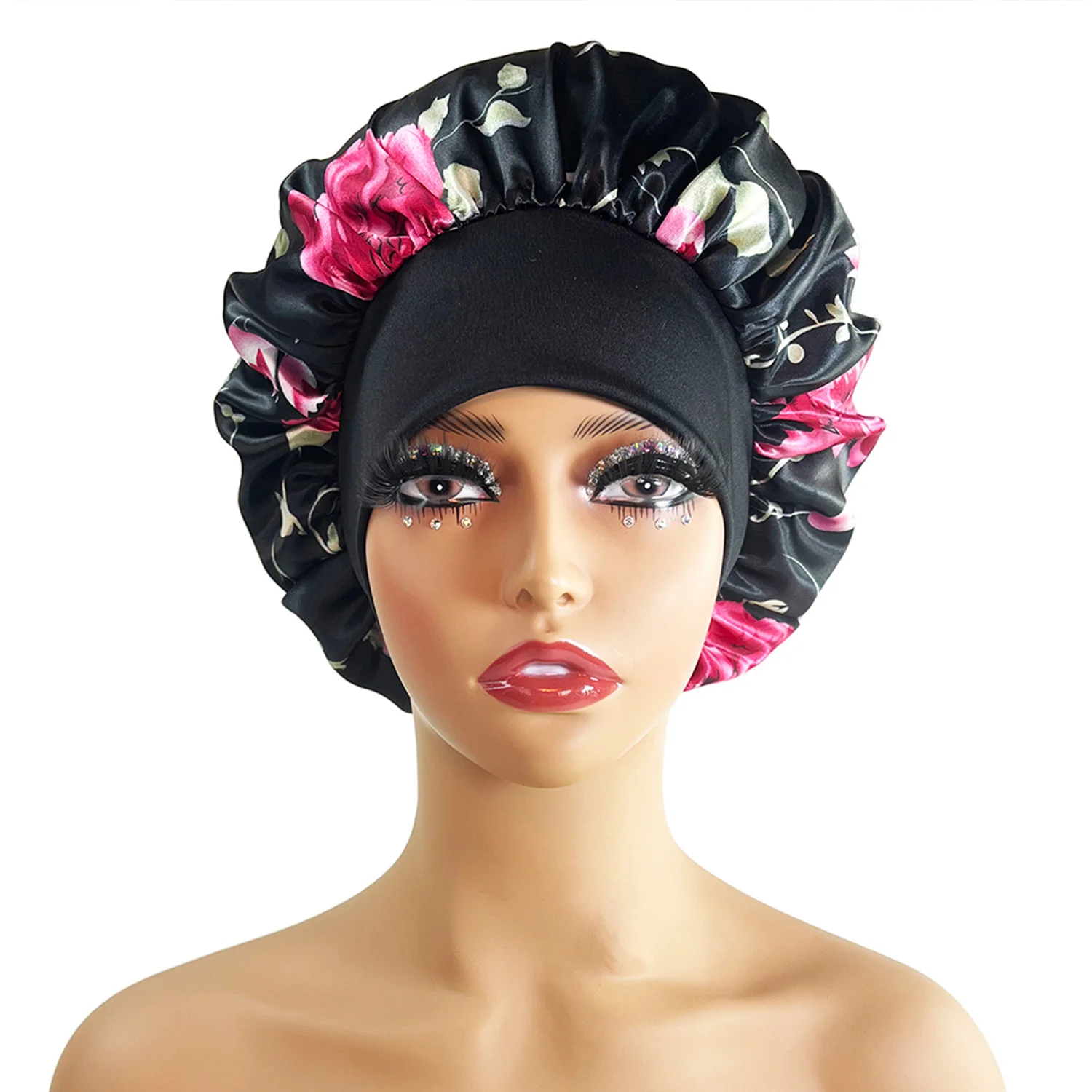 Drucken Satin Seidige Motorhaube Für Frauen Elastische Breite Band Nacht Schlaf Hut Chemo Caps Lockige Große Zöpfe Locs Abdeckung Turban Mützen – Detail 5