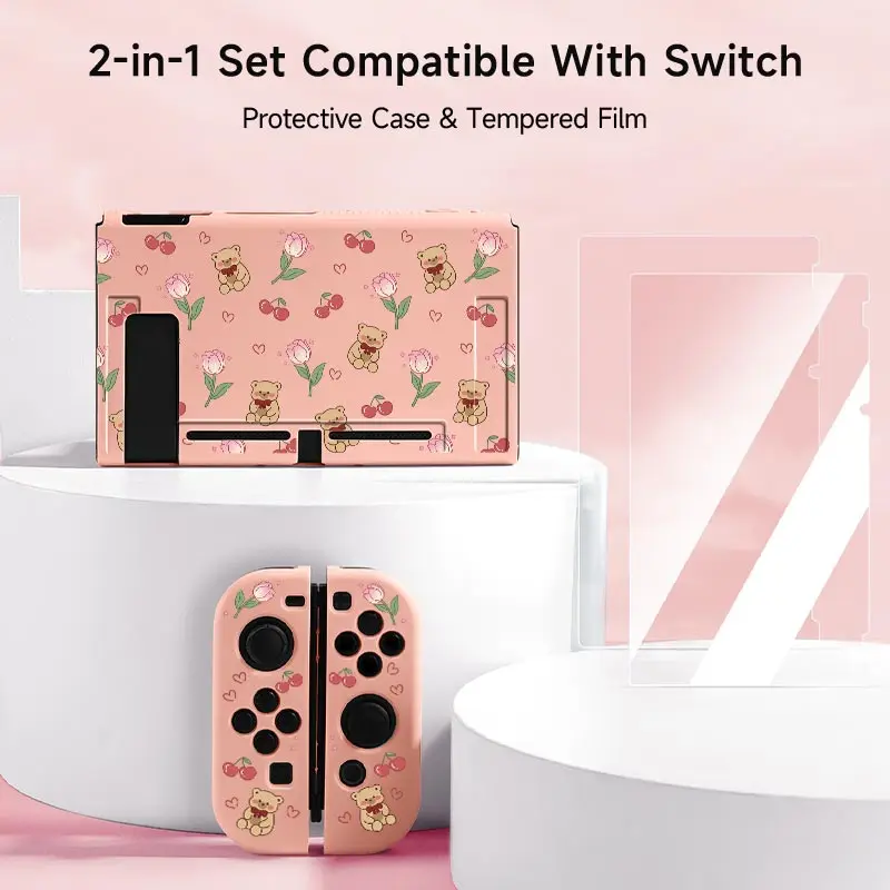1 Pcs Love Flower Cherry Bear Case with 2 Tempered Glass Screen Protectors for Switch NS/Oled/Lite, Compatible with Switch Con