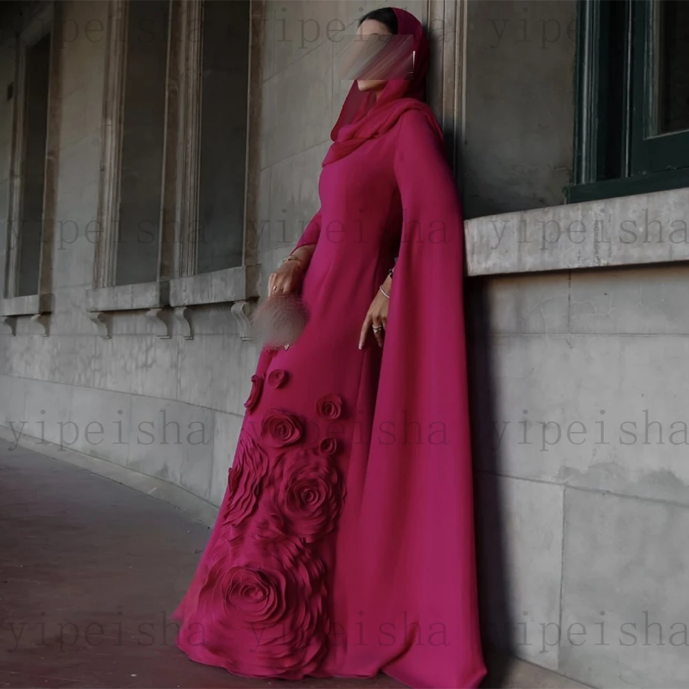 Customized O-Neck Evening Dresses Full Sleeve 3D Flowers Appliques A-Line Prom Gown Simple Long Saudi Floor-Length Party Dress