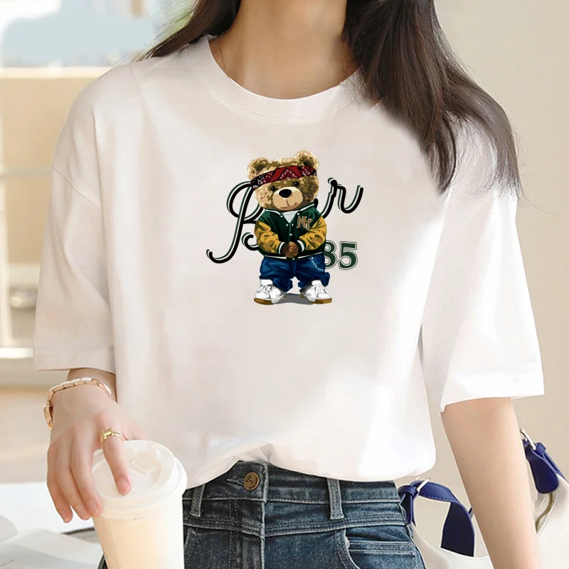 2024 New Women\'s T-shirt Fashion Crewneck Y2K Street Wear New Women\'s Wear Simple Bear Print printed letter top