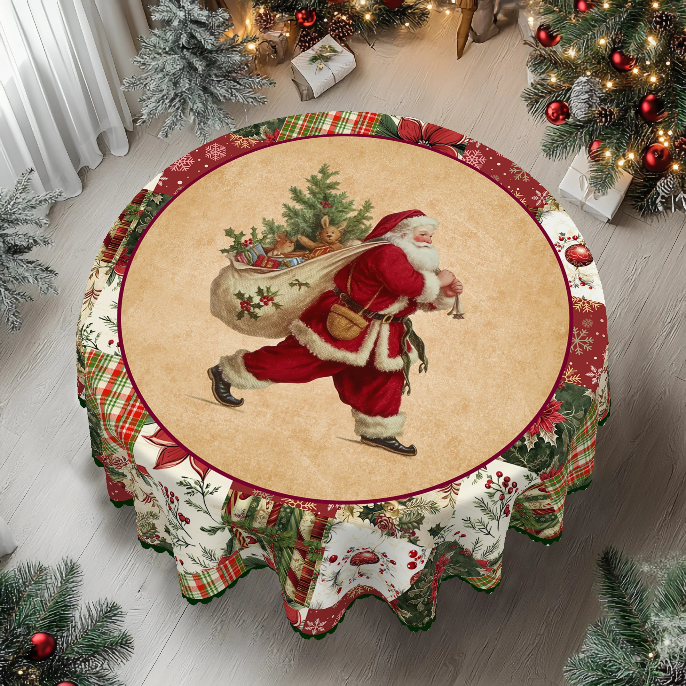 1 Christmas Themed Round and Rectangular Tablecloth, Various Sizes, Antique Santa Claus Pattern Printed Tablecloth, Christmas Garden Tablecloth Decoration, Tablecloth for Daily Home Kitchen, Terrace, Gift
