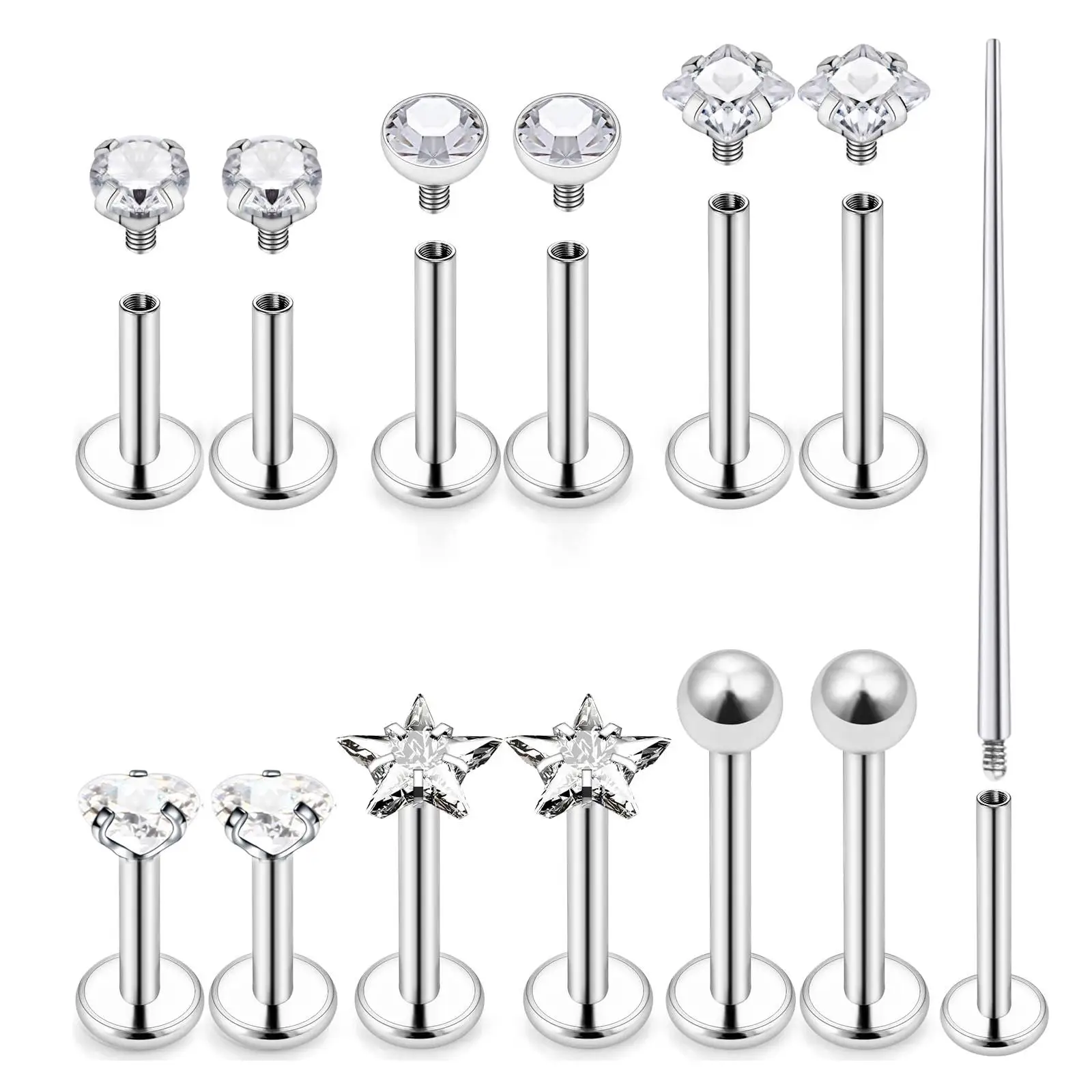 13pcs/Set 16G Stainless Steel Lip Labret Rings Internal Thread Flat Back Cartilage Tragus Helix Daith Earrings Piercing Jewelry