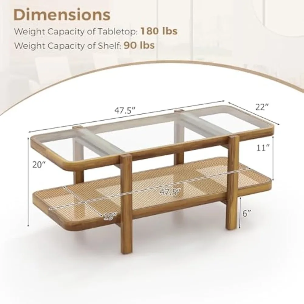 Rattan Coffee Table, 47.5" Rectangle Solid Wood Tea Table w/Tempered Glass Tabletop & Rattan Storage Shelf, 2-Tier Boho