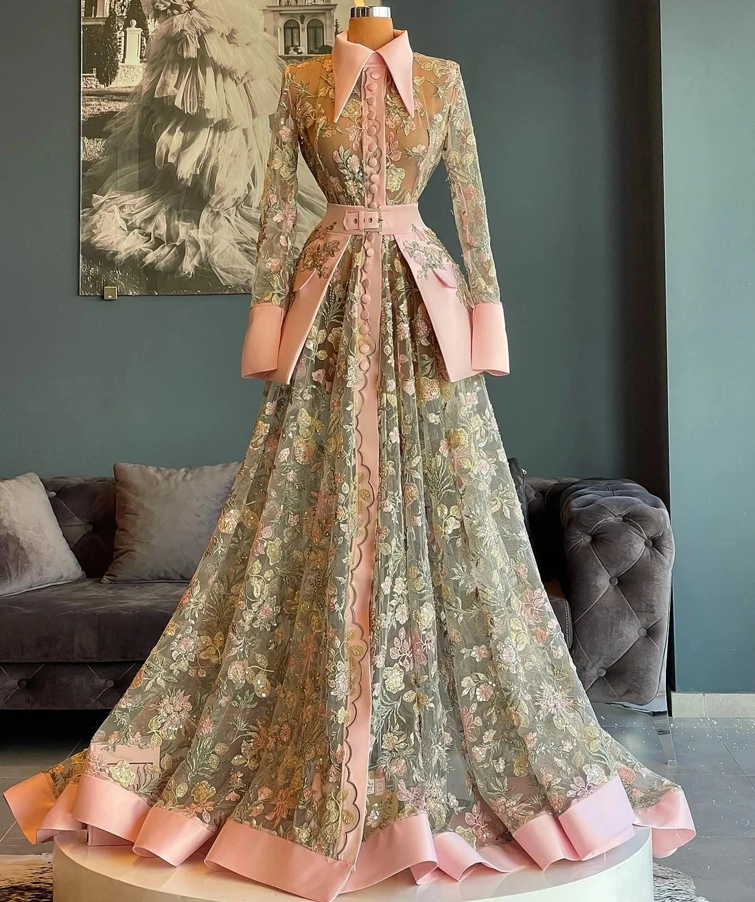 Rosa Ballkleider Haute Couture A-Linie Lange Ärmel Spitze Saudi-Arabien Dubai Robe De Soiree Abendkleid Kleid Maßgeschneidert