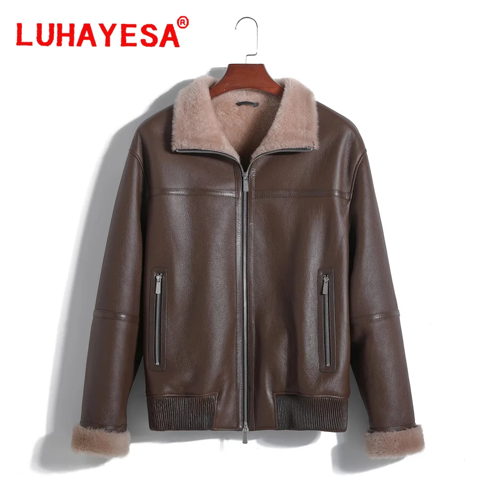 2024 LUHAYESA España chaqueta Sherling de piel de oveja Merino marrón negro cuero genuino invierno ropa de piel Natural diaria