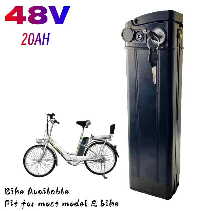 48V 20Ah Silver Fish Style Electric Bike Battery Lithium Battery With Aluminum Case Anti-theft Lock