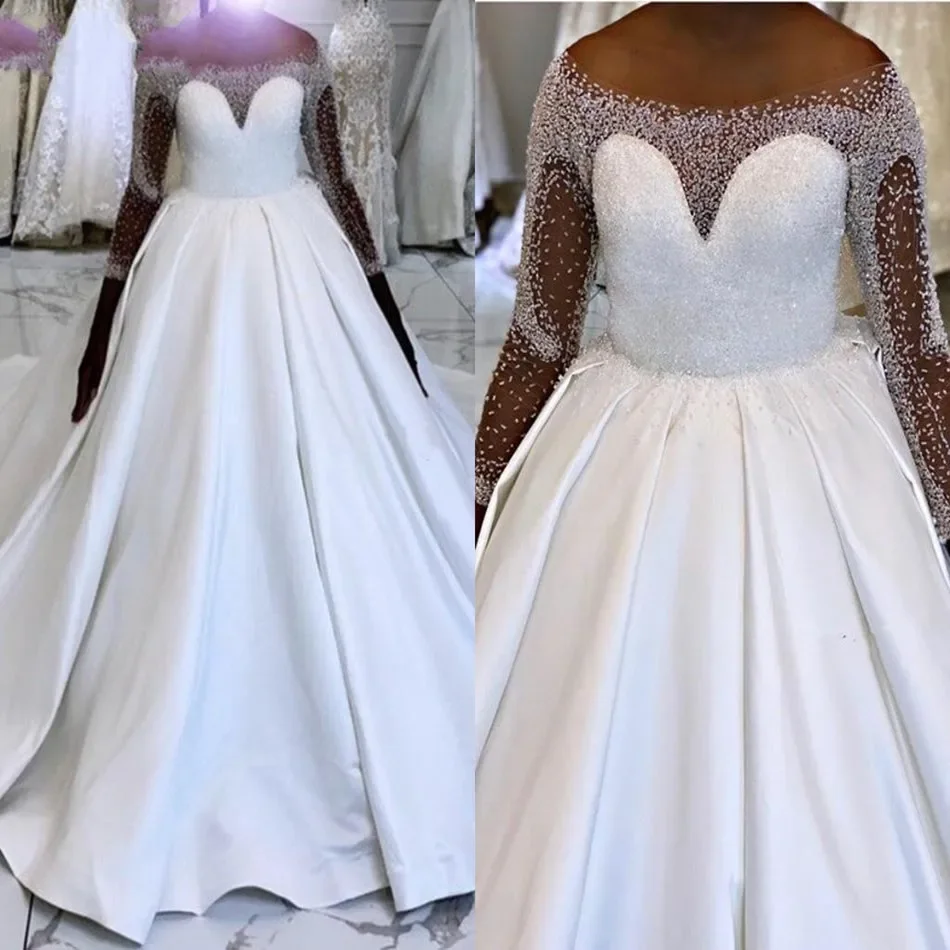 Customized Shinny Full Beads Sequins African A-Line Wedding Dresses Illusion Long Sleeves Satin Church Bridal Dress