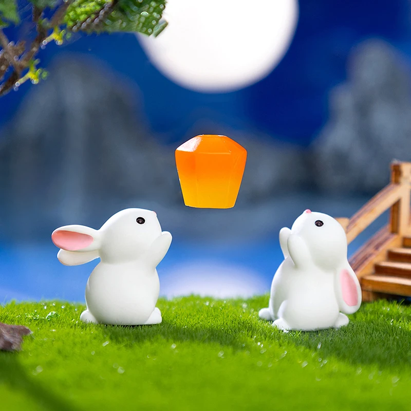 1Pc Mini Resin Kongming Lantern Little Rabbit Statue Micro Landscape Decoration For Car Home Desktop Ornaments