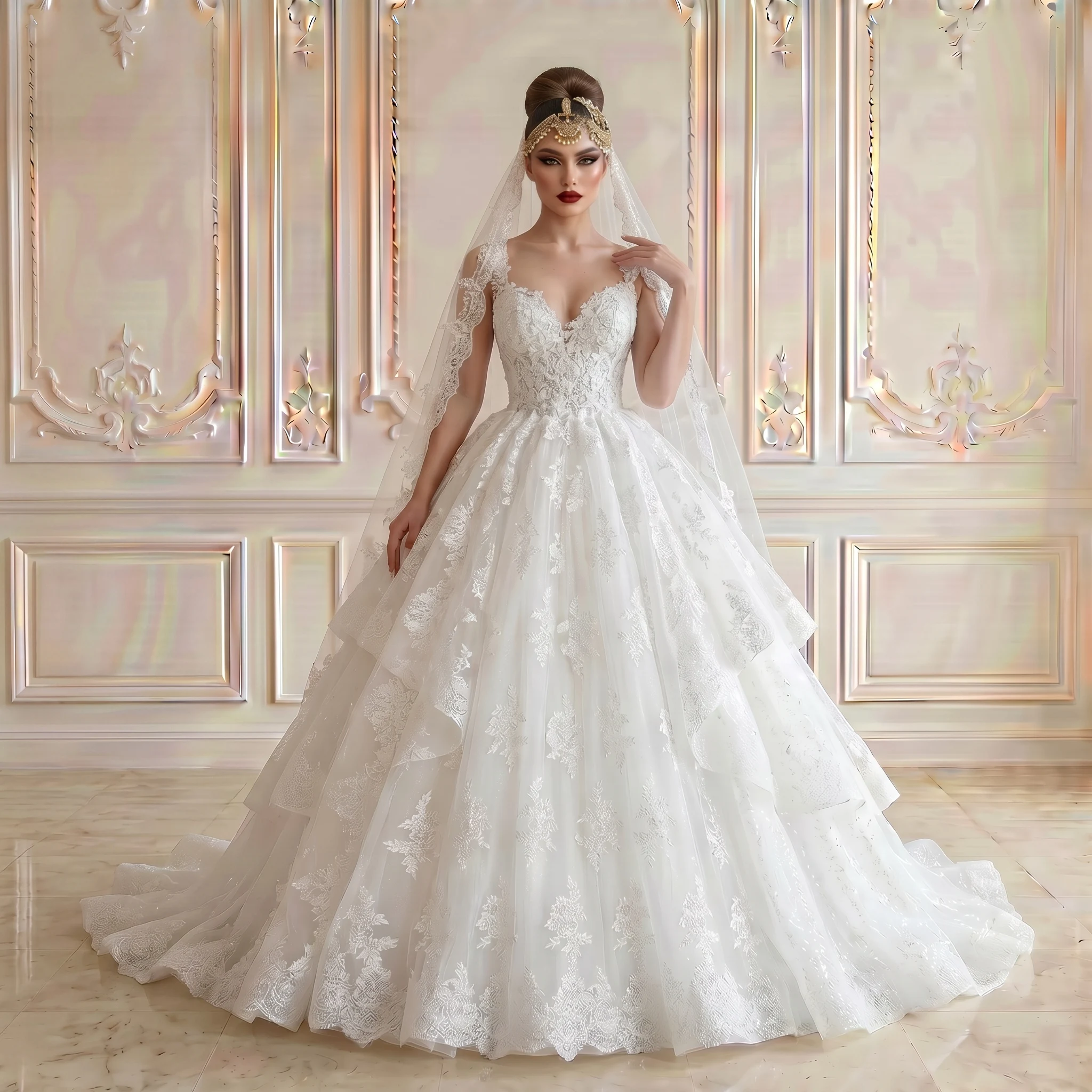 

Spaghetti Strap V Neck Ball Gown Wedding Dress Ruffle Glitter Tulle Floral Lace Corset Back Chapel Train Bridal Gown