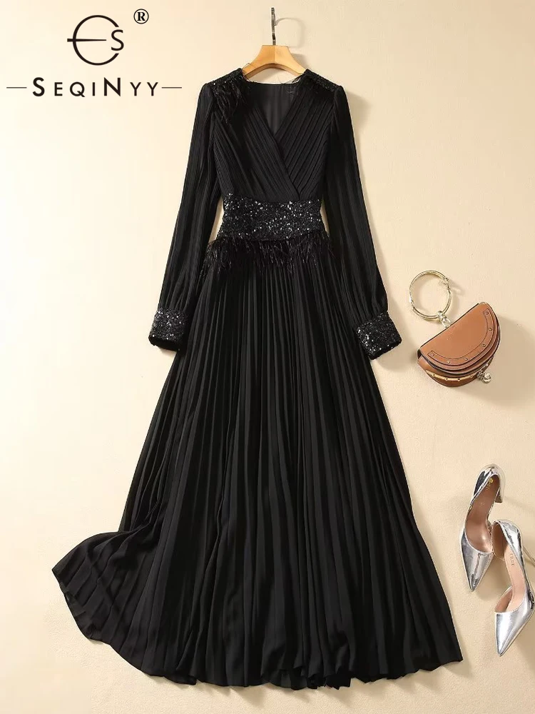 

SEQINYY Black Midi Dress Summer Spring New Fashion Design Women Runway High Quality Pleated Sequined Feather Slim Party Elegant