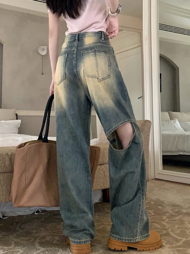 Retro Jeans Frauen High Street Büro Dame Breites Bein Lose Pendeln Casual Trendy Frühling Hosen Freund Gewaschen Europäischen Stil