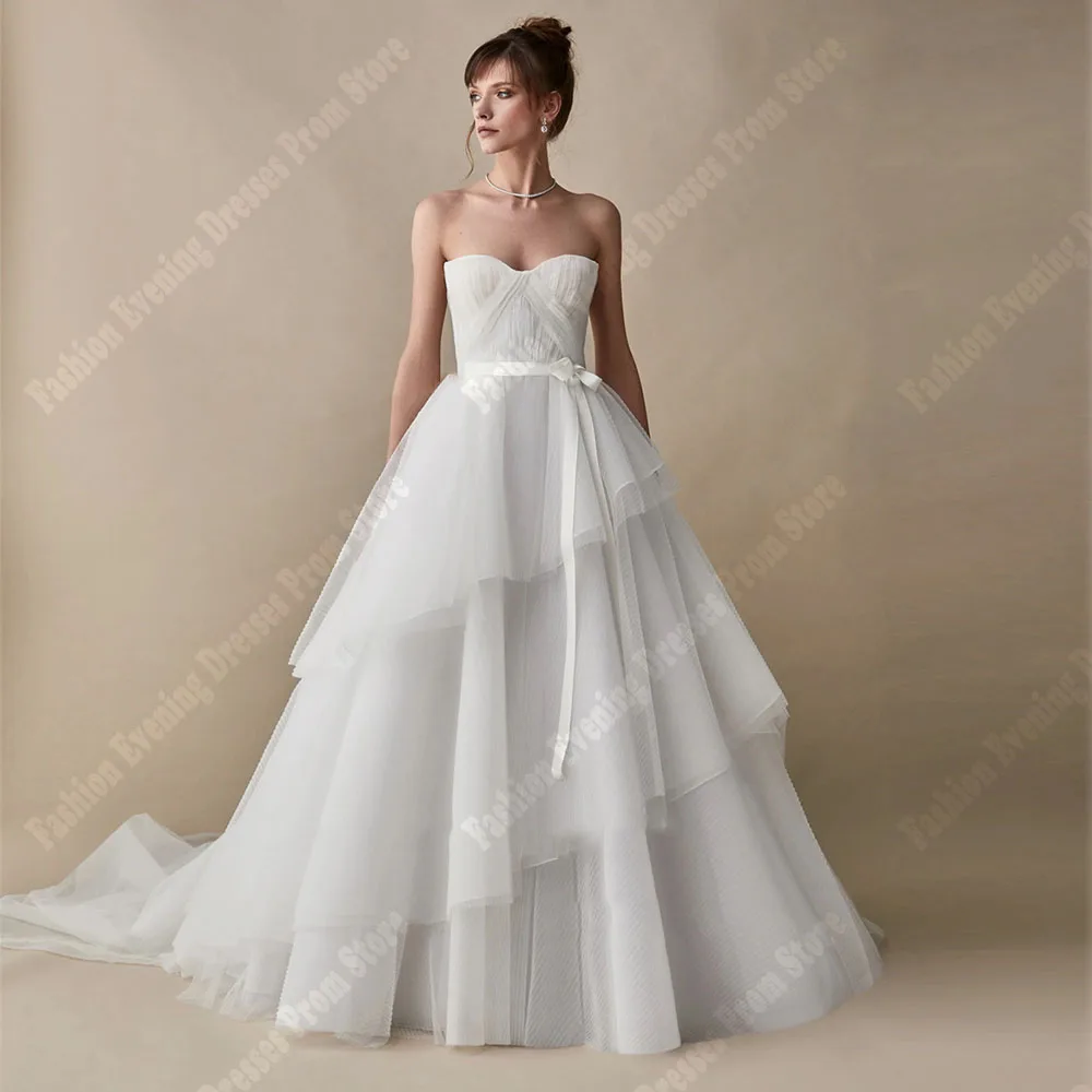 

Fashion Tulle Wedding Dresses Simple A-Line Mopping Length Bridal Gowns Smooth Bright Fabric Romantic Princess Vestidos De Novia