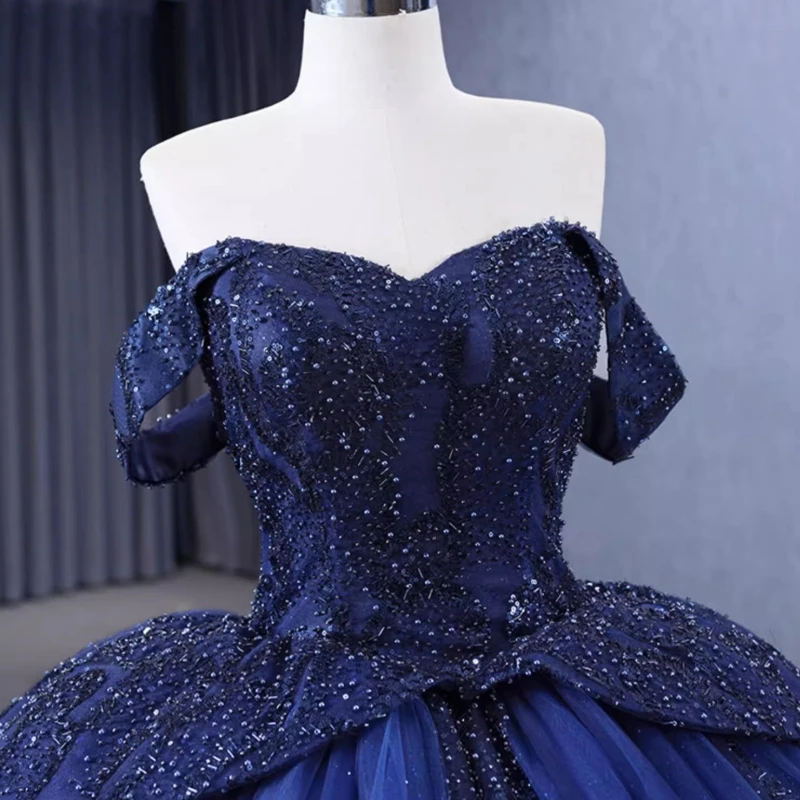 

Saudi Arabic Original Style Navy Blue Quinceanera Dresses For 15th Year Old Cap Sleeve Lace Applique Big Puffy Prom Party Gown