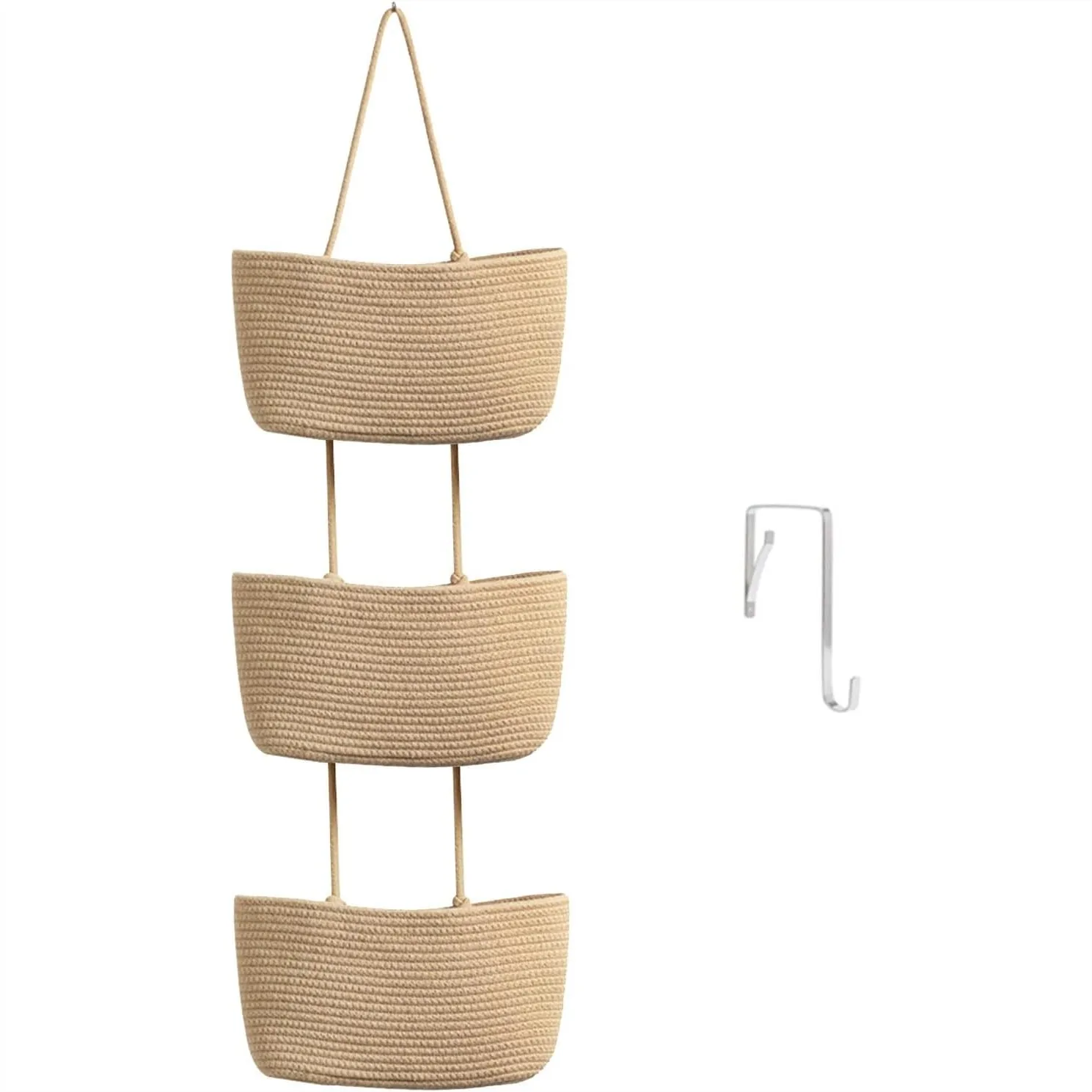 

3-Tier Over the Door Hanging Basket, Cotton Wall-Mounted Storage Organizer for Nursery, Bathroom, Entryway