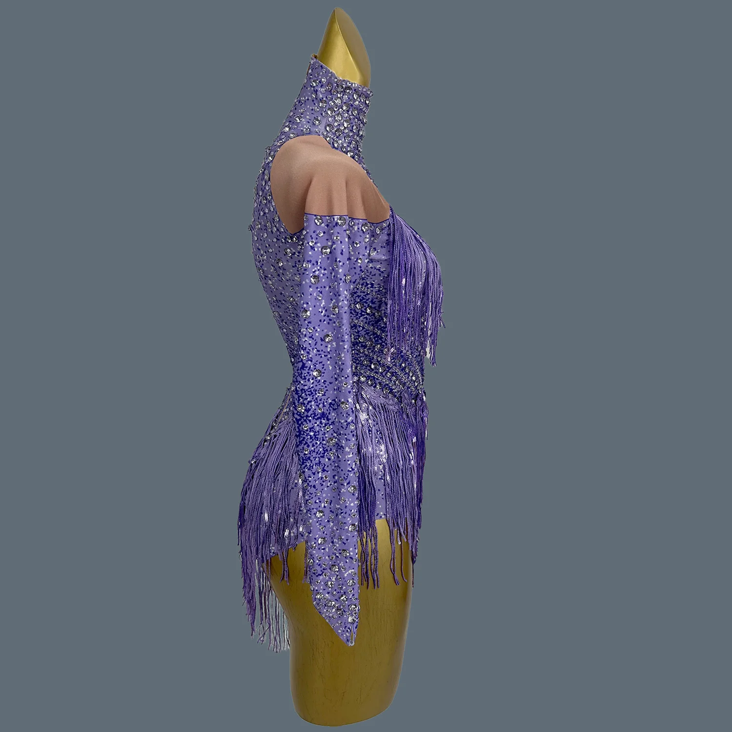 Seksowny strój sceniczny, błyszczący kombinezon z dżetami i frędzlami, damski strój dla zespołu tańczącego latynoamerykańskie tańce, spandexowy kombinezon z długim rękawem, latiao