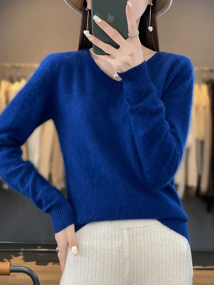 2024 New Women Basic V-neck Pullover Sweater 100% Mink Cashmere Long Sleeve Cashmere Knitwear Autumn Winter Odzież Damska Tops