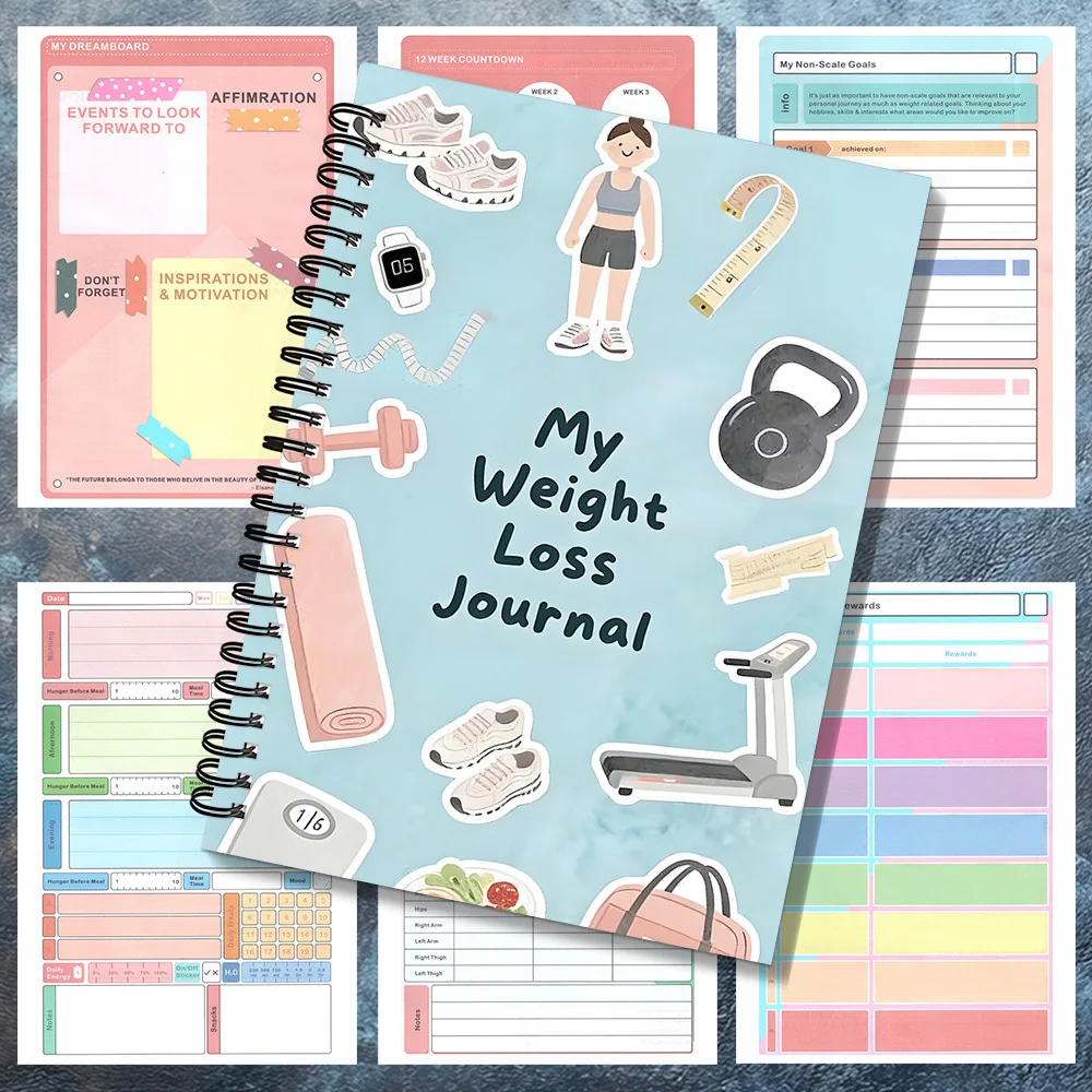 Cuadernos en espiral con diseño de equipo de fitness, color azul suave, para mantener un diario de pérdida de peso, registrar el entrenamiento diario y los cambios corporales, 1 ud.