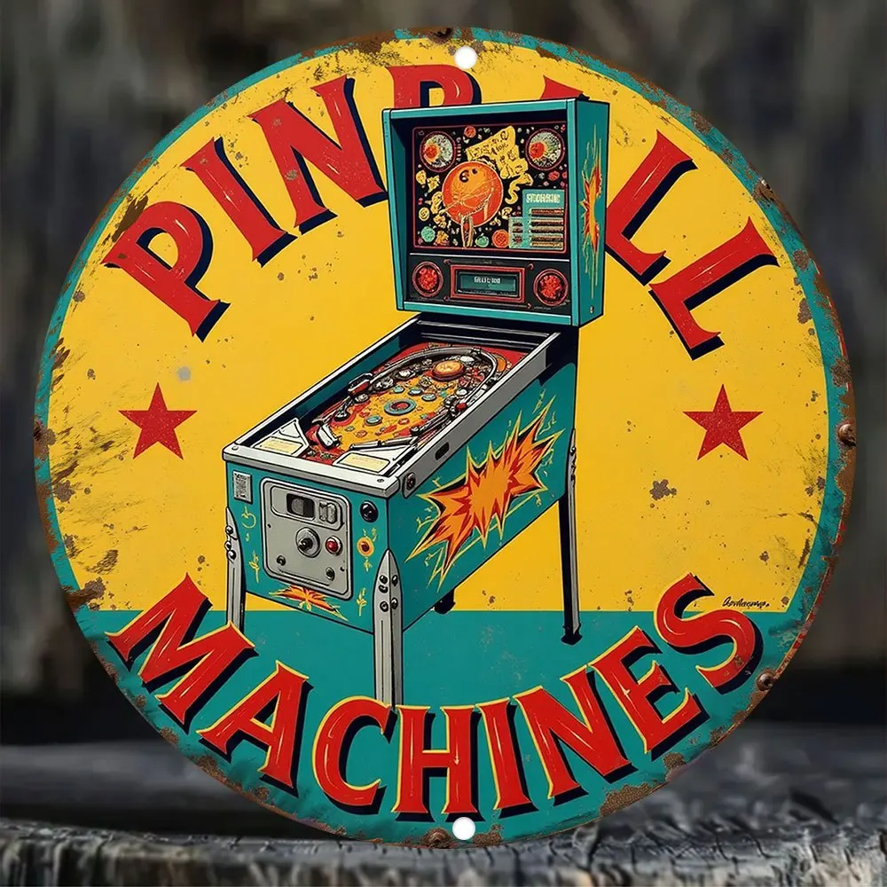 Vintage Pinball Machine Metal Tin Sign - 20.32cm Round Retro Arcade Game Wall Art with Vibrant Colors, Perfect for Home, Bar, Ca