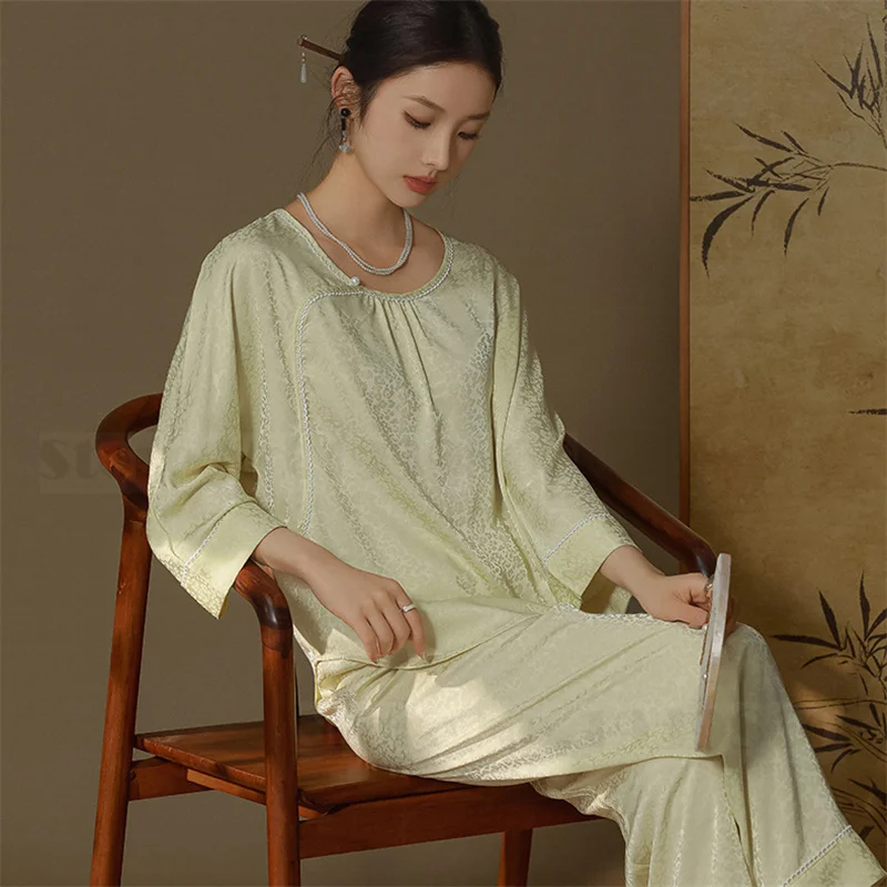 New Chinese Style 2PCS Pajamas Set Spring Summer Female Sleepwesr Jacquard Satin Trouser Pijamas Suit Loose Casual Home Clothes