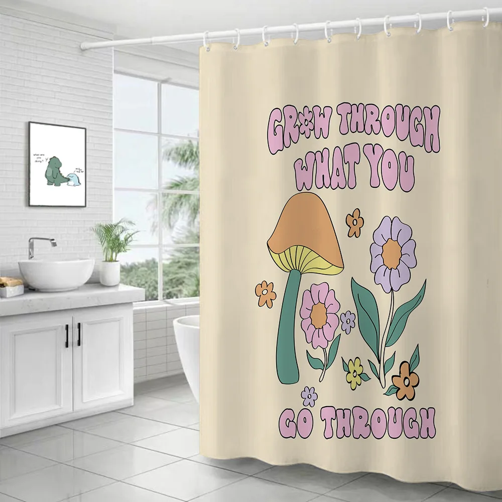 Nordic Poster Flower Butterfly Printing Shower Curtain Bathroom Shower Curtain Wet and Dry Separation Hook Waterproof Curtain