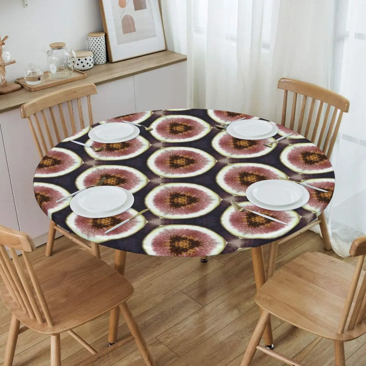 Fig Geometric Pattern Waterproof Round Tablecloth Oilproof Table Cloth for Kitchen Events Dining Table Cover