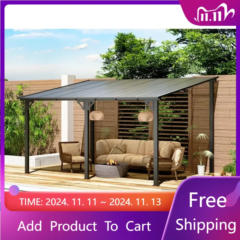 10' x 14' Outdoor Pergola Gazebo, Wall-Mounted Lean to Metal Awnings Gazebos on Clearance for Patio, Large Panel Roof Pergolas