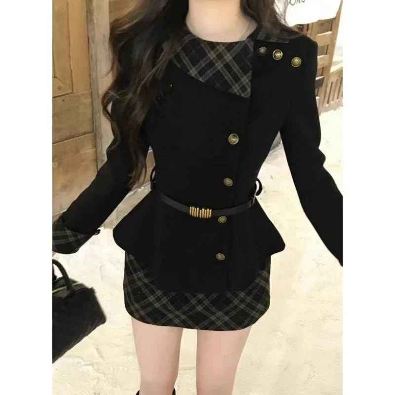 

Зимний японский модный французский элегантный женский комплект из двух предметов, утягивающее лоскутное пальто + клетчатая мини-юбка, офисный женский комплект, верхняя одежда