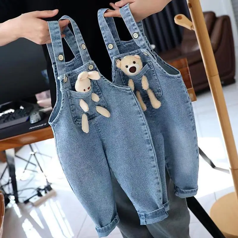 Baby Girls Jeans Pants Spring and Autumn Children\'s Denim Pants Boys and Girls Casual Denim Strap Pants 0-6 Years