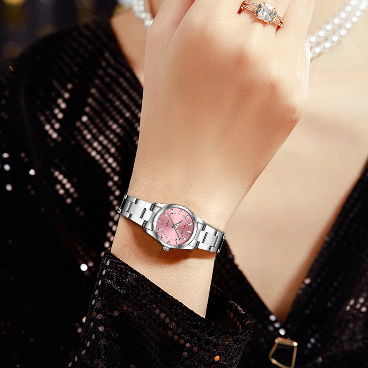 Luxury Women\'s Watch 29mm Fashionable Stainless Steel Rhinestone Pink Minimalist Girl Clock Outdoor Travel Women Wrist Watches