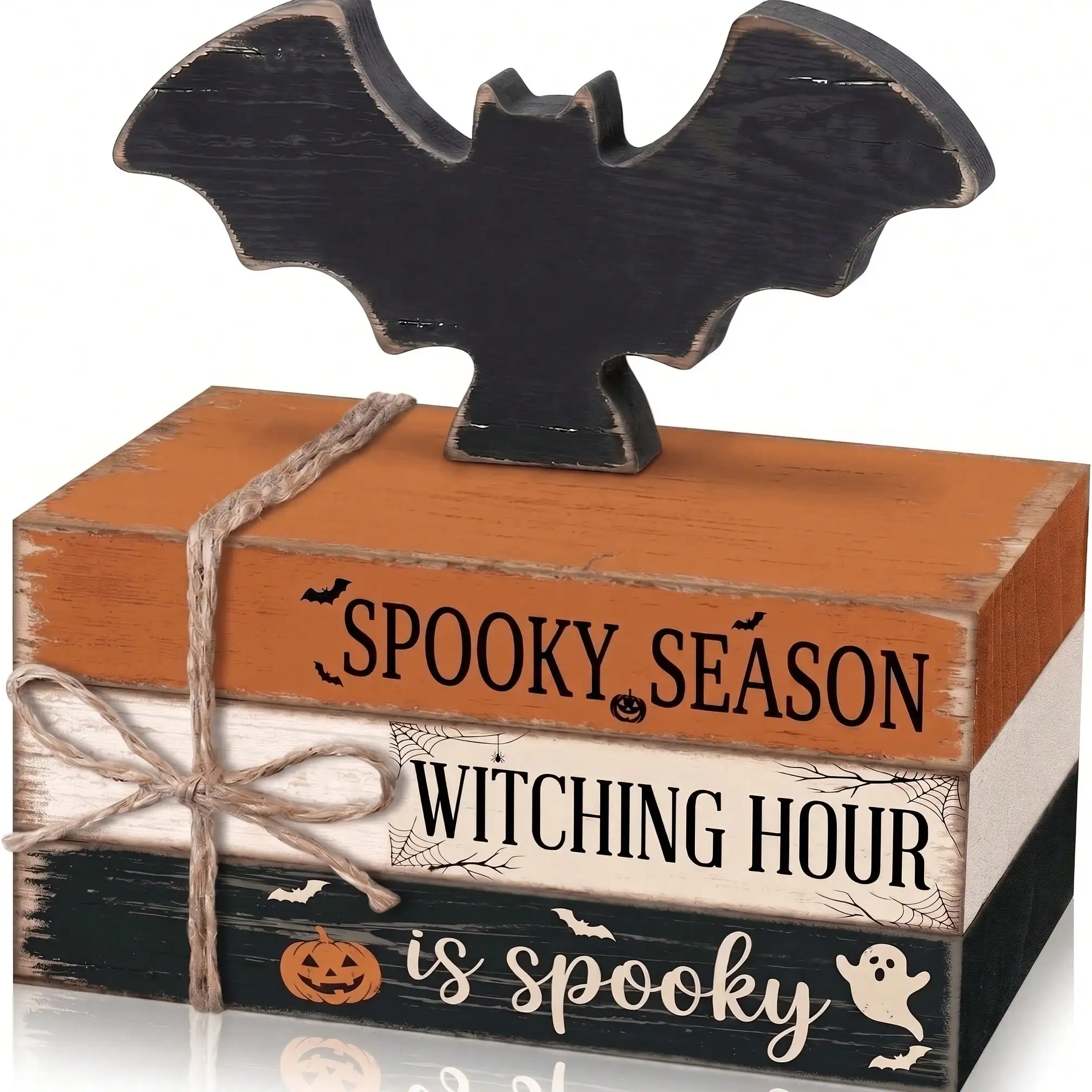 EARLIGROW Halloween Tiered Tray Decoration, Wooden Book Stack With Bat-Shaped Blocks. Halloween Home Decor, Suitable For Living Rooms, Bedrooms, Bookshelves, Desks. Perfect Halloween Gift, Family Gathering, Halloween Party Decor