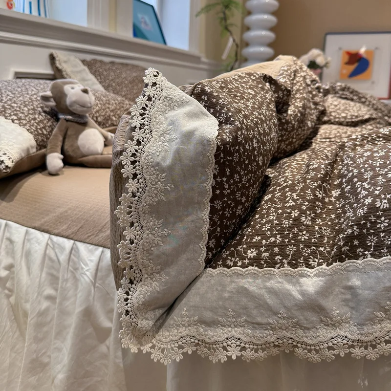 French Style Princess Bed Skirt Duvet Cover Set 100 Percent Cotton Floral Lace Embroidery Dormitory Home Textile Bedding